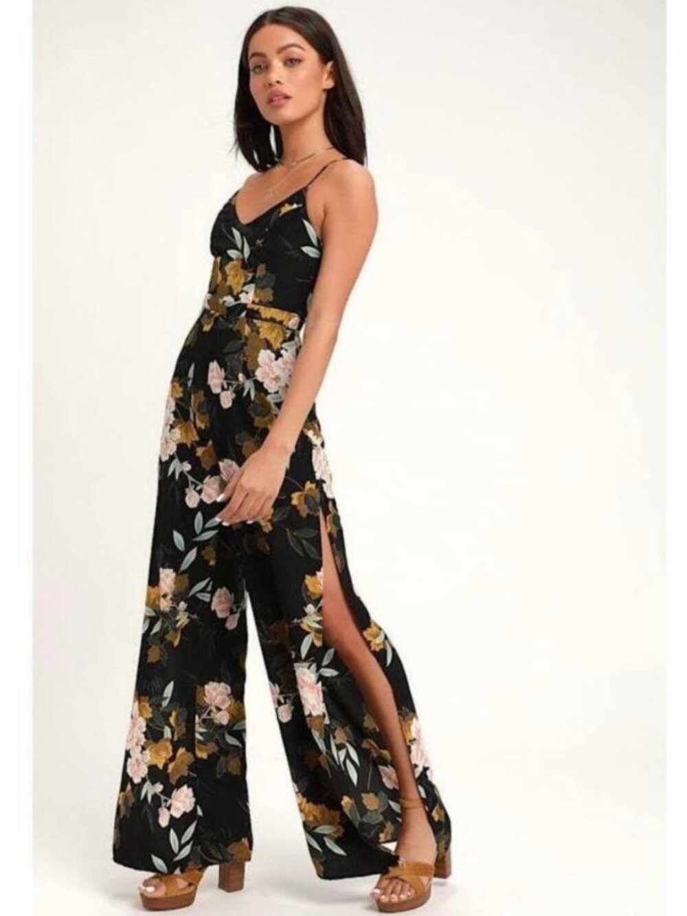 Lulus Beautiful Blooms Floral Wide Leg Jumpsuit Size XL Black Resort Vacation